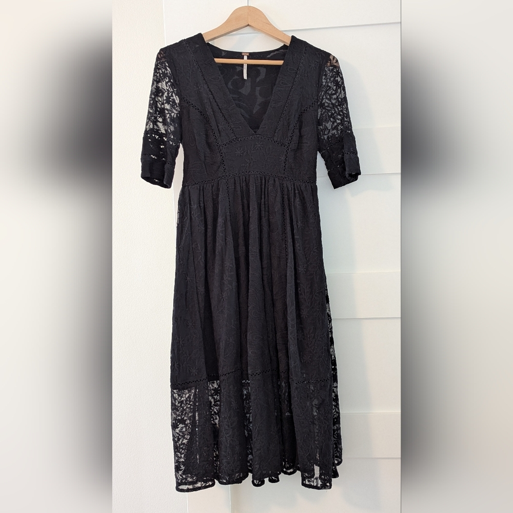 Free People Deep V Black Lace Midi Dress